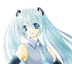 1girl 2000s_(style) :d black_sleeves blue_eyes blue_hair blue_necktie breasts collared_shirt commentary_request detached_sleeves grey_shirt hair_ornament hatsune_miku koruneiyu long_hair looking_at_viewer medium_breasts necktie open_mouth shirt simple_background sleeveless sleeveless_shirt smile solo twintails upper_body vocaloid white_background
