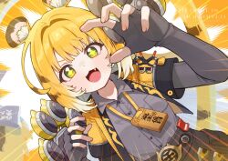 Rule 34 | 13 (spice!!), 1girl, animal ears, black pants, blonde hair, fang, green eyes, grey shirt, hands up, jacket, ju fufu, open mouth, pants, shirt, sparkling eyes, tagme, tail, tiger ears, tiger tail, yellow jacket, zenless zone zero