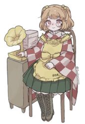 Rule 34 | 1girl, apron, bell, boots, brown boots, chair, checkered clothes, checkered kimono, closed mouth, clothes writing, commentary, hair bell, hair ornament, japanese clothes, kimono, lace-up boots, long sleeves, monocle, motoori kosuzu, on chair, orange hair, phonograph, saakarinrin, simple background, sitting, skirt, smile, solo, touhou, twitter username, two side up, white background, wide sleeves, yellow apron