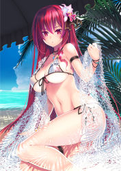 1girl beach beach_umbrella bikini blush breasts cattleya_(flower_knight_girl) choker cleavage coffee_cat day female_focus flower flower_knight_girl frilled_thigh_strap front-tie_bikini_top front-tie_top hair_flower hair_ornament hair_ribbon jewelry large_breasts long_hair looking_at_viewer necklace outdoors red_eyes red_hair ribbon side-tie_bikini_bottom sitting solo swimsuit thigh_strap umbrella white_bikini