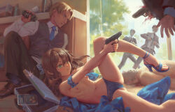 Rule 34 | 1girl, 4boys, bad source, bigrbear, blonde hair, blue necktie, blue panties, blue sandals, breasts, brown hair, brown pants, brown shoes, explosive, flashbang, formal clothes, green eyes, grenade, gun, hair between eyes, handgun, highres, holding, holding grenade, holding gun, holding weapon, indoors, legs, male focus, medium hair, multiple boys, navel, necktie, nipples, original, panties, pants, sandals, shirt, shoes, short hair, small breasts, suit, toes, topless female, underwear, walther, walther ppk, weapon, white shirt