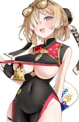 1girl black_dress black_gloves blonde_hair blush breasts china_dress chinese_clothes commentary_request covered_navel dress eyewear_on_head fingerless_gloves glasses gloves hair_over_one_eye highres large_breasts nidaime_(doronbo) no_panties open_mouth purple_eyes red_rope rope short_hair simple_background solo sweety_(zenless_zone_zero) thighs white_background zenless_zone_zero