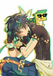 Rule 34 | 1boy, 1other, absurdres, ajaw (genshin impact), arm tattoo, black gloves, black hair, black shirt, blue pants, closed mouth, earrings, erzplubdduik93g, genshin impact, gloves, green eyes, green gloves, green hair, green headband, hair between eyes, headband, highres, jewelry, kinich (genshin impact), looking at viewer, male focus, multicolored gloves, multicolored hair, pants, shirt, short hair, streaked hair, tattoo, two-tone gloves