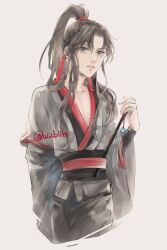 1boy bishounen black_hair black_hanfu chinese_clothes collarbone flute flute_tassel grey_background grey_eyes hair_ribbon hanfu high_ponytail highres holding holding_flute holding_instrument instrument long_hair long_sleeves looking_at_viewer male_focus modao_zushi parted_lips pectoral_cleavage pectorals ponytail red_ribbon red_sash ribbon robe sash sidelocks simple_background solo standing tassel twitter_username upper_body w2biiro wei_wuxian wide_sleeves