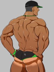 Rule 34 | 1boy, ass, back muscles, bara, baseball cap, black male swimwear, cowboy shot, dark-skinned male, dark skin, from behind, hat, highres, lifeguard, looking ahead, male focus, male swimwear, muscular, muscular male, original, osa (marumaru023), profile, short hair, solo, standing, sweat, swim briefs, tan, thick thighs, thighs, topless male, veins, veiny arms, very sweaty
