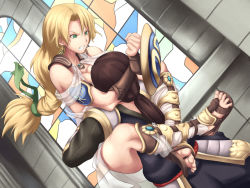 1boy 1girl angry blonde_hair brown_footwear brown_hair clenched_teeth determined gladiator_sandals green_eyes long_hair makura_no_doushi ponytail sandals serious shield sophitia_alexandra soul_calibur stained_glass teeth wrestling
