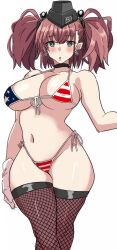 1girl american_flag american_flag_bikini american_flag_print atlanta_(kancolle) bikini black_choker breasts choker commentary_request dora_v_nu earrings fishnet_thighhighs fishnets flag_print front-tie_bikini_top front-tie_top garrison_cap gloves green_eyes hashtag-only_commentary hat highres jewelry kantai_collection large_breasts micro_bikini print_bikini red_hair side-tie_bikini_bottom solo star_(symbol) star_earrings swimsuit thighhighs twintails white_gloves