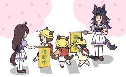 +_+ 5girls :d animal_ears back_bow backpack bag bow bowtie brown_shoes cherry child dress ears_through_headwear fenomeno_(umamusume) flipped_hair food fruit hat highres horse_ears horse_girl horse_tail horseshoe_hat_ornament horseshoe_ornament horseshoe_print large_bow loafers long_hair mejiro_dober_(umamusume) multiple_girls open_mouth orange_shirt peaked_cap pleated_skirt purple_bow purple_bowtie purple_hair purple_serafuku purple_shirt randoseru sailor_collar sailor_shirt school_uniform serafuku shirt shoes shorts skirt smile striped_hat tail takadano_paka thighhighs tracen_school_uniform umamusume white_shorts white_skirt white_thighhighs yellow_dress yellow_hat