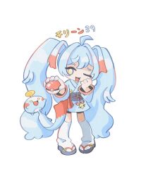 Rule 34 | 1girl, 39, bell, chimecho, chingling, clenched hand, closed eyes, crossover, gen 3 pokemon, gen 4 pokemon, happy, hatsune miku, highres, ilovekongguksu, japanese clothes, jingle bell, kimono, long hair, multicolored hair, nail polish, nintendo, obi, open mouth, poke ball, pokemon, pokemon (creature), red ribbon, ribbon, sandals, sash, socks, streaked hair, twintails, vocaloid, white background, white hair, white kimono, yellow eyes, zouri
