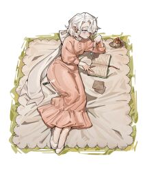 absurdres alohapz book dessert dress food fork frilled_dress frills grey_eyes grey_hair hair_behind_ear highres holding holding_fork long_bangs long_sleeves lying medium_hair original pink_dress puffy_sleeves reading shoes swept_bangs