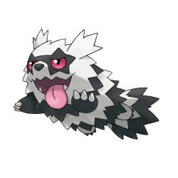 absurdres artist_request black_eyes claws colored_sclera fangs full_body galarian_form galarian_zigzagoon gen_3_pokemon gen_8_pokemon highres jumping nintendo no_humans official_art open_mouth outline pink_sclera pokemon pokemon_(creature) pokemon_focus pokemon_swsh sharp_teeth smile solo teeth tongue tongue_out transparent_background white_outline zigzagoon