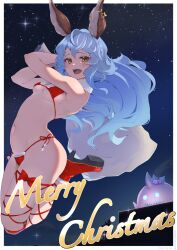 1girl :d absurdres animal_ears bikini blue_hair blush boots breasts christmas ear_piercing earrings erune ferry_(granblue_fantasy) full_body fur-trimmed_bikini fur_collar fur_trim granblue_fantasy hair_between_eyes high_heel_boots high_heels highres inuinuo_gataken jewelry leg_ribbon long_hair looking_at_viewer medium_breasts merry_christmas navel nicola_(granblue_fantasy) night open_mouth piercing pom_pom_(clothes) red_bikini red_boots red_ribbon ribbon sack side-tie_bikini_bottom sideboob single_earring skindentation sky smile solo star_(sky) starry_sky string_bikini swimsuit teeth underboob upper_teeth_only wavy_hair yellow_eyes