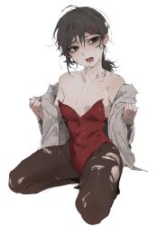 Rule 34 | 1girl, absurdres, after fellatio, bare shoulders, black eyes, black hair, blush, chainsaw man, collarbone, crying, crying with eyes open, cum, cum on chest, hair ornament, hairclip, higashiyama kobeni, highres, jacket, kneeling, le (szs0k), leotard, medium hair, pantyhose, playboy bunny, simple background, solo, sweat, tears, torn clothes, torn pantyhose, white background, white jacket