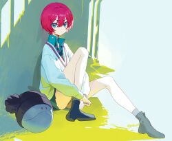 1girl amate_yuzuriha ankle_boots beanie black_boots black_hat boots collared_shirt commentary diagonal-striped_clothes diagonal-striped_necktie double-parted_bangs dress_shirt green_eyes green_shirt green_skirt gundam gundam_gquuuuuux hair_between_eyes haro hat knee_up long_sleeves looking_at_viewer loose_necktie miniskirt necktie non-humanoid_robot olys pleated_skirt pom_pom_(clothes) pom_pom_beanie puffy_long_sleeves puffy_sleeves red_hair robot school_uniform shirt short_hair sitting skirt solo striped_clothes sweater symbol-only_commentary twitter_username white_sweater