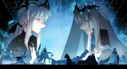 4girls absurdres aesc_(fate) aesc_(rain_witch)_(fate) aesc_(savior)_(fate) artist_request blue_eyes blue_lips board_game braid chess chess_piece commission crown fate/grand_order fate_(series) hair_between_eyes half_up_braid hat highres morgan_le_fay_(fate) morgan_le_fay_(queen_of_winter)_(fate) multiple_girls multiple_persona polearm ponytail second-party_source spear standing veil weapon white_hair witch_hat