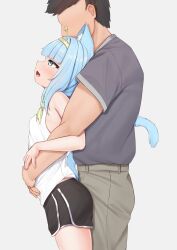Rule 34 | 1boy, 1girl, absurdres, animal ears, aqua hair, black shorts, breasts, cat ears, cat girl, cat tail, cowboy shot, faceless, faceless male, from side, green eyes, grey shirt, hairband, hetero, highres, hug, hug from behind, jelly hoshiumi, long hair, open mouth, phase connect, profile, shirt, shorts, sleepypudding, sleeveless, sleeveless shirt, small breasts, tail, white shirt