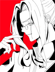 1boy annoyed earrings from_behind glasses hashikko69 highres jewelry long_hair looking_at_viewer male_focus michael_roa_valdamjong michael_roa_valdamjong_(human) monochrome ponytail priest red_background tsukihime upper_body
