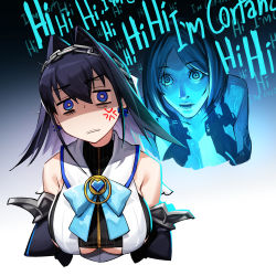 2girls adarin anger_vein bare_shoulders blue_eyes blue_hair bodysuit bow breasts chain cortana detached_sleeves empty_eyes english_text gradient_background halo_(series) highres hololive hololive_english large_breasts leaning_forward multiple_girls ouro_kronii ribbon_earrings shaded_face speech_bubble staring virtual_youtuber zipper