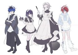 4boys 4ro_1011 ahoge aotsuki_eito apron armband bandaid bandaid_on_leg black_boots black_hair black_skirt blue_eyes blue_hair blunt_bangs blush boots broom cake cake_slice choker clothes_grab crossdressing crossed_arms drawstring earrings eyepatch food full_body gakuran geta glasses gloves grey_eyes grey_hair hands_in_pockets highres holding holding_broom holding_plate hole_in_chest hole_on_body hood hoodie japanese_clothes jewelry kimono last_defense_academy_school_uniform leg_warmers looking_at_viewer maid maid_apron maid_headdress male_focus male_maid multicolored_hair multiple_boys omokage_yugamu pink_eyes plate purple_hair red_hair school_uniform shoes short_hair simple_background skirt smile streaked_hair sumino_takumi the_hundred_line_-last_defense_academy- trap tsukumo_ima unconventional_maid white_armband white_gloves white_hoodie white_leg_warmers white_shoes