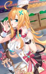 1girl backless_dress backless_outfit blush breasts chef_hat commentary_request cowlick dress escoffier_(genshin_impact) fellatio_gesture fork_hair_ornament genshin_impact green_eyes handjob_gesture hat heart heart_in_eye highres long_hair looking_at_viewer mechanical_tail medium_breasts open_mouth orange_hair outdoors solo symbol_in_eye tail tongue tongue_out toque_blanche tsuseki white_dress white_hat wrist_cuffs