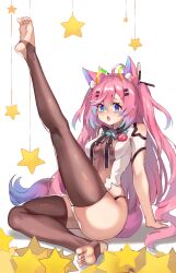 1girl absurdres animal_ears ass bare_shoulders black_panties black_thighhighs blue_eyes blush bow bowtie breasts chinese_commentary commentary_request fox_ears fox_girl fox_tail ginyasama gradient_hair hair_between_eyes hair_ornament hairclip hand_on_ground highres indie_virtual_youtuber legs_up leotard long_bangs long_hair medium_breasts multicolored_hair open_mouth panties pink_hair shadow simple_background sitting soles solo star_(symbol) stirrup_legwear tail teletha_(vtuber) thighhighs toeless_legwear toes twintails underwear variant_set white_background
