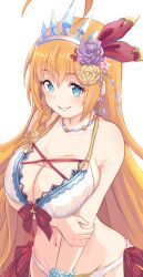 1girl absurdres ahoge bikini blue_eyes bracelet braid breasts crown flower grin hair_flower hair_ornament hair_ribbon highres holding_own_arm huge_ahoge jewelry large_breasts looking_at_viewer navel necklace orange_hair pecorine_(princess_connect!) pink_flower princess_connect! purple_flower purple_rose rabenga red_ribbon ribbon rose side-tie_bikini_bottom smile solo star_(symbol) swimsuit tiara white_background white_bikini yellow_flower yellow_rose