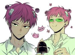 1boy :| antennae black_eyes blush chewing closed_mouth collared_shirt cup eating food glasses green-tinted_eyewear highres holding holding_cup holding_utensil looking_to_the_side male_focus multiple_views nyakv_v open_collar pink_hair pudding saiki_kusuo saiki_kusuo_no_psi_nan shirt short_hair sideways_glance simple_background smile tinted_eyewear upper_body utensil whipped_cream white_background white_shirt wing_collar