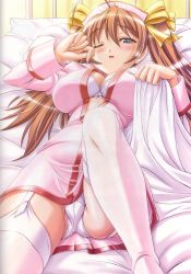 Rule 34 | 1girl, akaza, blouse, bow, bow bra, bra, cameltoe, fat mons, female focus, garter straps, highres, lace, lace-trimmed bra, lace trim, lingerie, lying, on back, open clothes, open shirt, pajamas, panties, pantyshot, pink thighhighs, shirt, sleepy, solo, thighhighs, twintails, underwear, upskirt, white bra, white panties