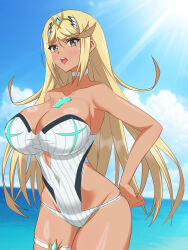 1girl blonde_hair blue_sky breasts circlet cleavage cloud cloudy_sky core_crystal_(xenoblade) covered_navel earrings hata_(pixiv10403940) highres jewelry large_breasts long_hair looking_at_viewer mythra_(radiant_beach)_(xenoblade) mythra_(xenoblade) one-piece_swimsuit one-piece_tan open_mouth outdoors sky solo strapless strapless_one-piece_swimsuit summer swept_bangs swimsuit tan tanline thigh_strap very_long_hair white_one-piece_swimsuit xenoblade_chronicles_(series) xenoblade_chronicles_2 yellow_eyes