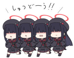 4girls beret black_gloves black_hair black_headwear black_sailor_collar black_serafuku black_skirt black_socks blue_archive closed_mouth gloves hair_over_eyes halo hat justice_task_force_member_(blue_archive) long_hair long_sleeves multiple_girls neckerchief nyaru_(nyaru_4126) open_mouth pleated_skirt red_halo red_neckerchief sailor_collar school_uniform serafuku simple_background skirt socks white_background