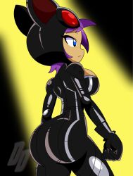 1girl :| animal_ear_headwear animal_ears arms_at_sides artist_logo ass back black_gloves black_suit blue_eyes breasts cleavage closed_mouth dark-skinned_female dark_skin datwondoude fake_animal_ears formal_clothes from_behind gloves goggles goggles_on_head goggles_on_headwear highres light logo purple_hair shantae shantae_(series) sideboob skin_tight solo standing suit tan