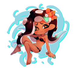 1girl arm_up bangle bare_shoulders barefoot bikini black_bikini black_hair bracelet breasts cephalopod_eyes cleavage collarbone colored_extremities coula_cat dark-skinned_female dark_skin dot_nose floating_hair flower green_eyes green_hair grin hair_flower hair_ornament hand_in_own_hair hand_rest highres invisible_chair jewelry knees_up large_ears leaning_back light_blush long_hair looking_at_viewer marina_(splatoon) mole mole_under_mouth multicolored_eyes multicolored_hair multiple_bracelets navel navel_piercing nintendo o-ring o-ring_bikini octoling orange_flower orange_pupils parted_bangs parted_lips piercing pointy_ears sideboob signature sitting small_breasts smile solo splatoon_(series) splatoon_2 strapless strapless_bikini suction_cups swimsuit tareme tentacle_hair thick_eyebrows thick_eyelashes thighs three_quarter_view two-tone_eyes two-tone_hair underboob white_background