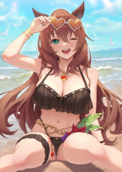 1girl adjusting_eyewear animal_ears beach bikini bird black_bikini blush breasts brown_hair chain cleavage cloud eyewear_on_head glint green_eyes hayate_(leaf98k) heart heart-shaped_eyewear highres horse_ears jewelry large_breasts long_hair maruzensky_(blasting_off_summer_night)_(umamusume) maruzensky_(umamusume) multi-strapped_bikini navel one_eye_closed open_mouth outdoors pendant ponytail sand sitting smile solo swimsuit teeth thigh_strap umamusume upper_teeth_only wariza waves wet