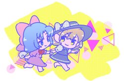 Rule 34 | 2girls, angel wings, barefoot, black hat, black skirt, black vest, blonde hair, blue eyes, blue hair, bow, chibi, closed mouth, fedora, full body, hair bow, hat, hat bow, holding hands, mai (touhou), multiple girls, neck ribbon, pink bow, pink shirt, pink skirt, puffy short sleeves, puffy sleeves, red ribbon, ribbon, shirt, shizuku hky, short sleeves, skirt, smile, touhou, touhou (pc-98), vest, walking, white bow, white shirt, wings, yuki (touhou)