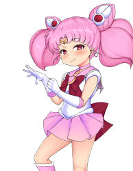 1girl adjusting_clothes adjusting_gloves bishoujo_senshi_sailor_moon blush boots bow chibi_usa child closed_mouth dot_nose embarrassed eyelashes female_focus gloves knee_boots long_hair looking_at_viewer magical_girl matching_hair/eyes pink_boots pink_eyes pink_hair pink_sailor_collar pink_skirt red_bow sailor_collar shirt short_sleeves simple_background skirt solo souyannsb standing twintails white_background white_gloves white_shirt