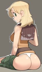 1girl alternate_eye_color ashley_graham ass blonde_hair breasts clothes_pull female_focus green_eyes looking_at_viewer looking_back nickleflick open_mouth orange_shirt plaid_clothes plaid_skirt resident_evil resident_evil_4 shirt short_hair simple_background skirt skirt_pull sleeveless solo thong wedgie