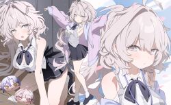 1girl absurdres ahoge between_breasts blue_bow blue_bowtie blue_shoes blue_skirt bow bowtie breasts character_request cleavage collared_shirt commentary_request copyright_request falling_petals grey_eyes grey_hair grey_vest hair_between_eyes hair_ornament hairclip highres jacket korean_commentary lanyard large_breasts long_hair long_sleeves multiple_views open_clothes open_jacket petals pink_jacket shirt shoes side_ponytail skirt sleeveless sleeveless_shirt sleeves_past_wrists socks tanghulu_(bbbb1123112) very_long_hair vest white_shirt white_socks