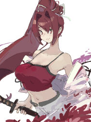 Rule 34 | 1girl, blush, breasts, cleavage, collarbone, crop top, hair intakes, hair ribbon, highres, jacket, large breasts, long hair, looking at viewer, midriff, navel, ooiwa (irc14786149), pants, ponytail, purple hair, red eyes, ribbon, simple background, smile, solo, sword, under night in-birth, upper body, very long hair, weapon, yuzuriha (under night in-birth)