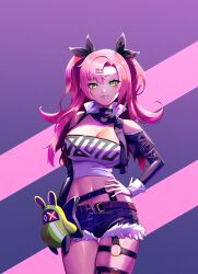 1girl bangboo_(zenless_zone_zero) bare_shoulders black_ribbon black_shorts breasts cleavage clothing_cutout cowboy_shot cutoffs green_eyes hair_ornament hair_ribbon hairclip hand_on_own_hip highres long_hair long_sleeves looking_at_viewer midriff mole mole_on_breast mole_under_eye navel nicole_demara pink_hair purple_background ribbon short_shorts shorts shoulder_cutout simonz1987 smile solo standing stomach strapless thighs tube_top two_side_up zenless_zone_zero