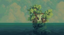abandoned building cloud franrekk highres landscape nature no_humans ocean original outdoors overgrown partially_underwater_shot pixel_art plant rock scenery sky tree water wide_shot