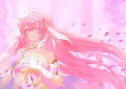 Rule 34 | 1girl, absurdres, bare shoulders, breasts, commentary, diamond-shaped pupils, diamond (shape), elysia (herrscher of human: ego) (honkai impact), elysia (honkai impact), gloves, hair between eyes, hair ornament, hand up, highres, honkai (series), honkai impact 3rd, large breasts, long hair, looking at viewer, parted lips, pink hair, pink petals, purple eyes, seanatta 98, smile, solo, symbol-shaped pupils, triquetra, upper body, veil, very long hair, white gloves, white veil