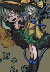 1girl black_flower black_hat black_rose buttons diamond_button floral_print flower frilled_shirt_collar frilled_skirt frilled_sleeves frills green_eyes green_hair green_skirt hat hat_ribbon heart heart_hands highres hz7dkr komeiji_koishi long_hair long_sleeves looking_at_viewer open_mouth ribbon rose rose_print shirt skirt smile solo third_eye touhou yellow_ribbon yellow_shirt