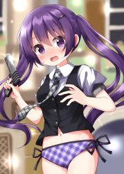 Rule 34 | 1girl, black necktie, black vest, blurry, blurry background, blush, collared shirt, commentary request, cowboy shot, gochuumon wa usagi desu ka?, gun, hair between eyes, hands up, highres, holding, holding gun, holding weapon, long hair, looking at viewer, navel, necktie, no pants, nose blush, open mouth, panties, plaid clothes, plaid necktie, plaid panties, puffy short sleeves, puffy sleeves, purple eyes, purple hair, purple panties, ruu (tksymkw), shirt, short sleeves, side-tie panties, solo, sweatdrop, tedeza rize, twintails, underwear, vest, weapon, white shirt