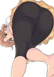 1girl ass ass_focus barefoot black_leggings blush capri_pants checkered_clothes checkered_dress crotch dot_nose dress foot_out_of_frame foreshortening hair_bobbles hair_ornament hands_on_own_knees highres idolmaster idolmaster_million_live! leg_up leggings legs looking_at_viewer open_mouth orange_dress orange_hair pants perapera shirt short_hair short_sleeves smile solo thighs toes white_background white_shirt yabuki_kana yellow_eyes