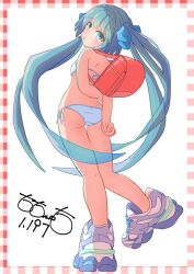1girl aqua_eyes aqua_hair arms_behind_back artist_name ass backpack bag bikini blue_bow border bow breasts dot_nose hair_bow hair_ornament highres looking_at_viewer looking_back open_mouth original outside_border oversized_shoes parted_bangs plaid_border randoseru school_bag shoes side-tie_bikini_bottom signature simple_background single_sidelock small_breasts sneakers solo swimsuit totomoto white_background white_bikini
