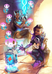 2girls asymmetrical_hair beam_gun black_hair blue-tinted_eyewear blue_dress bodysuit commentary cross crossed_legs cyborg dark-skinned_female dark_skin dress earrings eyeshadow first_aid_kit forehead_jewel full_body gameplay_mechanics gradient_hair grin gun hacking headgear jacket jewelry lips lipstick long_hair makeup mechanical_arms mole mole_under_eye multicolored_hair multiple_girls on_one_knee overwatch overwatch_1 purple_hair purple_lips red_cross risachantag sidecut signature single_mechanical_arm sitting skull smile sombra_(overwatch) symmetra_(overwatch) thighhighs tinted_eyewear turret undercut visor watermark weapon web_address