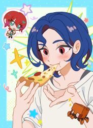 Rule 34 | 1boy, 1girl, amate yuzuriha, aqua eyes, blue border, blue hair, blush, border, chibi, chibi inset, colored inner hair, eating, food, food in mouth, food on face, gundam, gundam gquuuuuux, highres, holding, holding food, holding pizza, lower eyelashes only, mai13198720, multicolored hair, non-humanoid robot, pizza, pizza slice, purple hair, red eyes, red hair, robot, school uniform, shirt, short hair, shuji ito, star (symbol), two-tone hair, white shirt