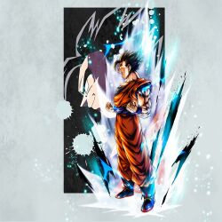 Rule 34 | 1boy, 1girl, aura, black eyes, black hair, dragon ball, dragon ball legends, highres, lightning, muscular, muscular male, official art, powering up, smug, solo, son gohan, ultimate gohan