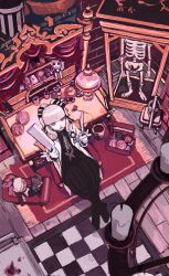 1girl absurdres ace_attorney black_pants black_shoes butcher_knife candle coat green_eyes grey_hair he_lsinki highres knife maria_gorey pants room shoes skeleton solo the_great_ace_attorney the_great_ace_attorney_2:_resolve white_coat