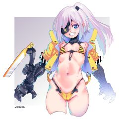Rule 34 | 1girl, bikini, blue eyes, breasts, commentary request, cowboy shot, cropped jacket, cropped legs, cyborg, eyepatch, front-tie bikini top, front-tie top, gradient background, grey hair, grin, high ponytail, highres, jacket, long hair, looking at viewer, mechabare, mechanical arms, mudou eichi, multicolored bikini, navel, open clothes, open jacket, original, pink pupils, ponytail, prosthesis, prosthetic arm, sketch, small breasts, smile, solo, striped bikini, striped clothes, swimsuit, teeth, two-tone bikini, yellow bikini, yellow jacket